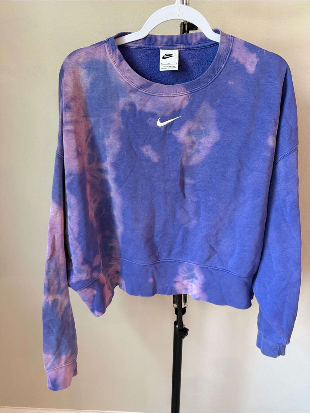 Nike Purple and Pink Tie-Dye Cropped Crew Sweatshirt with White Swoosh
